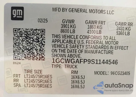 2025 Chevrolet Express Cargo Rwd 2500 Regular Wheelbase Wt from USA, damaged, VIN 1GCWGAFP9S1144546